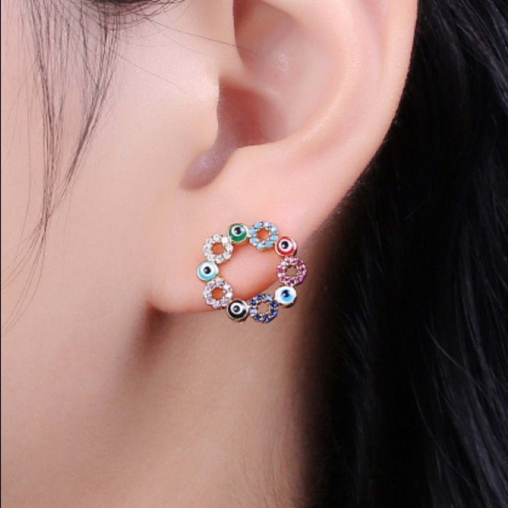 Evil Eye CZ Gold Pave Stud Earrings